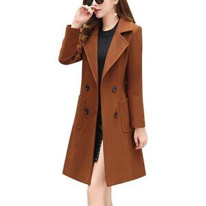 Women's Brown Elegant Notched Collar Double Breasted Wool Blend Over Coat